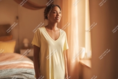 Woman wearing yellow sleep shirt by window vneck Product Image 1