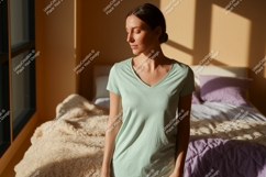 Woman wearing light green v-neck t-shirt image Product Image 1