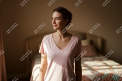 Woman wearing pink v-neck t-shirt casual Product Image 1