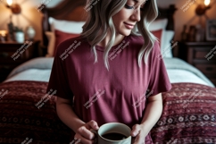 Woman holding coffee mug in bedroom cozy Product Image 1