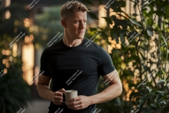 Man holding coffee mug looking away black t-shirt Product Image 1