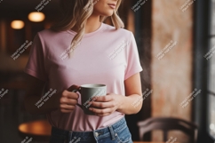 Pink shirt woman holding mug coffee Product Image 1
