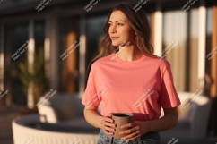 Woman wearing coral t shirt holding mug image Product Image 1