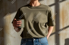 Person holding mug wearing olive t shirt image Product Image 1