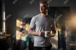 Man wearing grey t shirt holding coffee mug t-shirt Product Image 1