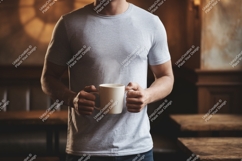 Man holding mug mockup grey t-shirt Product Image 1