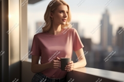 Woman holding coffee mug by window blonde pink Product Image 1