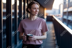Woman wearing pink t-shirt holding mug image Product Image 1