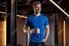 Man blue shirt holding coffee cup image Product Image 1