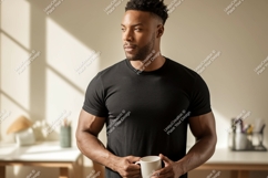 Black t-shirt mockup man holding mug image Product Image 1