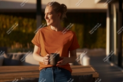 Woman wearing orange t shirt holding mug image Product Image 1