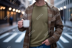 Man holding steaming mug on city street coffee Product Image 1
