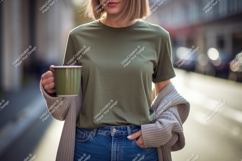 Woman holding green mug wearing olive t shirt image Product Image 1