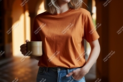 Woman wearing orange t shirt holding mug image Product Image 1