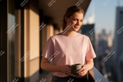 Woman wearing pink t-shirt holding mug image Product Image 1