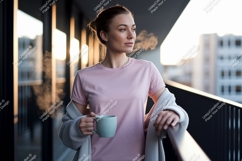Woman enjoying warm beverage on balcony pink t-shirt Product Image 1