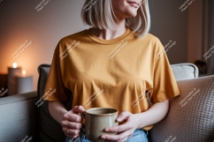 Woman wearing mustard t shirt holding coffee mug image Product Image 1