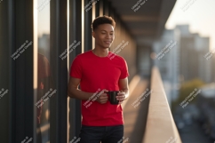 Man wearing red t shirt holding mug image Product Image 1