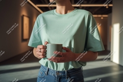 Person wearing mint green t shirt holding mug image Product Image 1