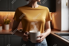 Woman holding steaming mug mockup yellow t-shirt Product Image 1
