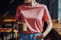 Woman wearing pink t shirt holding coffee mug image Product Image 1