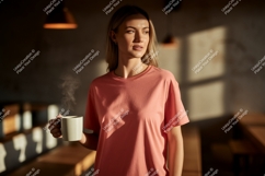 Woman holding coffee cup in warm light steam Product Image 1