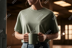 Woman holding steaming mug coffee Product Image 1