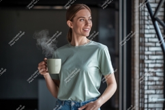 Woman holding steaming mug coffee Product Image 1