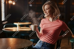 Woman enjoying hot beverage in cafe coffee steam Product Image 1