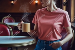 Woman holding warm beverage in cafe coffee steam Product Image 1