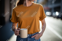 Woman wearing mustard t shirt holding mug image Product Image 1