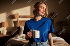Woman holding mug in bedroom blue Product Image 1