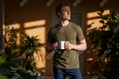 Man holding mug wearing olive t shirt image Product Image 1