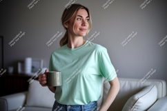 Woman wearing mint green t shirt holding mug Product Image 1