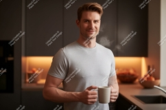Man holding warm beverage in kitchen grey t-shirt Product Image 1