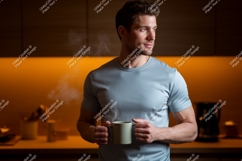 Man holding steaming mug indoors beverage drink Product Image 1