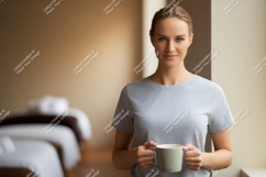 Woman holding mug in spa relaxation beverage Product Image 1