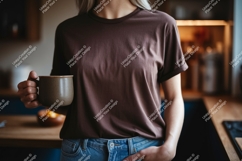 Woman holding coffee mug wearing brown t shirt image Product Image 1