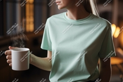 Woman holding steaming mug wearing mint t shirt image Product Image 1