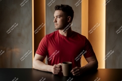 Man wearing red shirt holding mug image Product Image 1