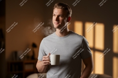 Man holding steaming coffee mug grey Product Image 1