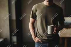 Man holding coffee mug t-shirt casual Product Image 1