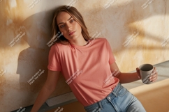 Woman wearing coral t shirt holding coffee cup image Product Image 1