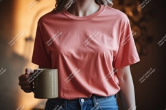 Woman wearing coral t shirt holding mug t-shirt Product Image 1