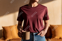 Person wearing maroon t shirt holding mug image Product Image 1