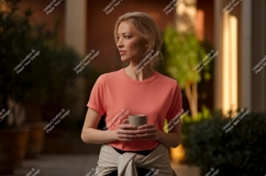 Woman wearing coral t shirt holding mug image Product Image 1