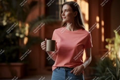 Woman wearing coral t shirt holding mug image Product Image 1