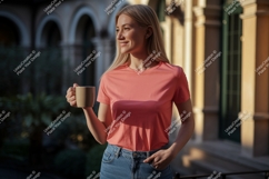 Woman wearing coral t shirt holding coffee cup image Product Image 1