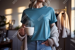 Woman holding steaming mug wearing teal t shirt coffee Product Image 1