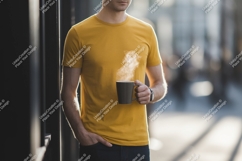 Man yellow t shirt holding coffee cup image Product Image 1